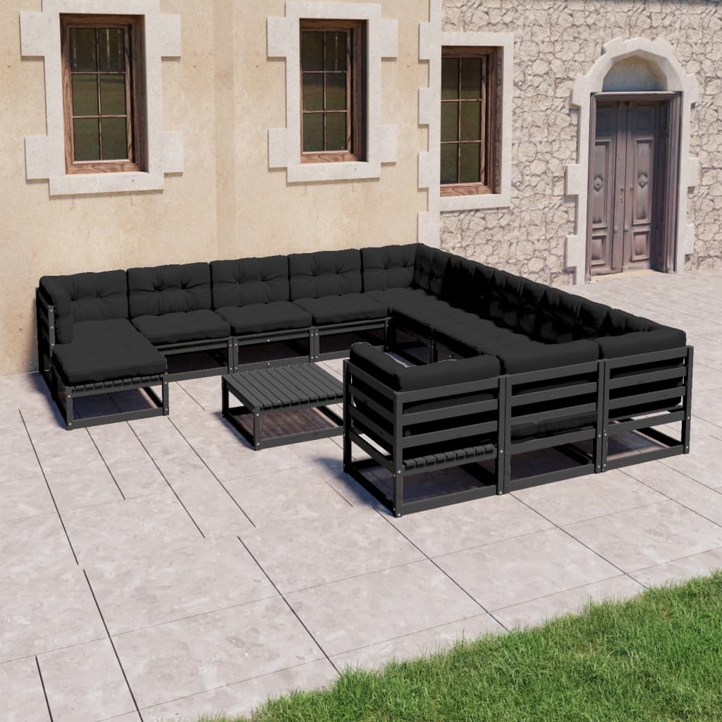13-tlg. Garten-Lounge-Set mit Kissen Schwarz Kiefer Massivholz